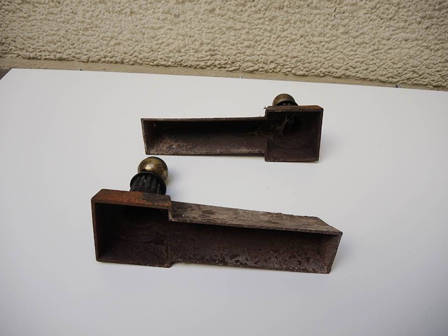 Old Neoclassical Cast Iron Andirons: Ball on Column