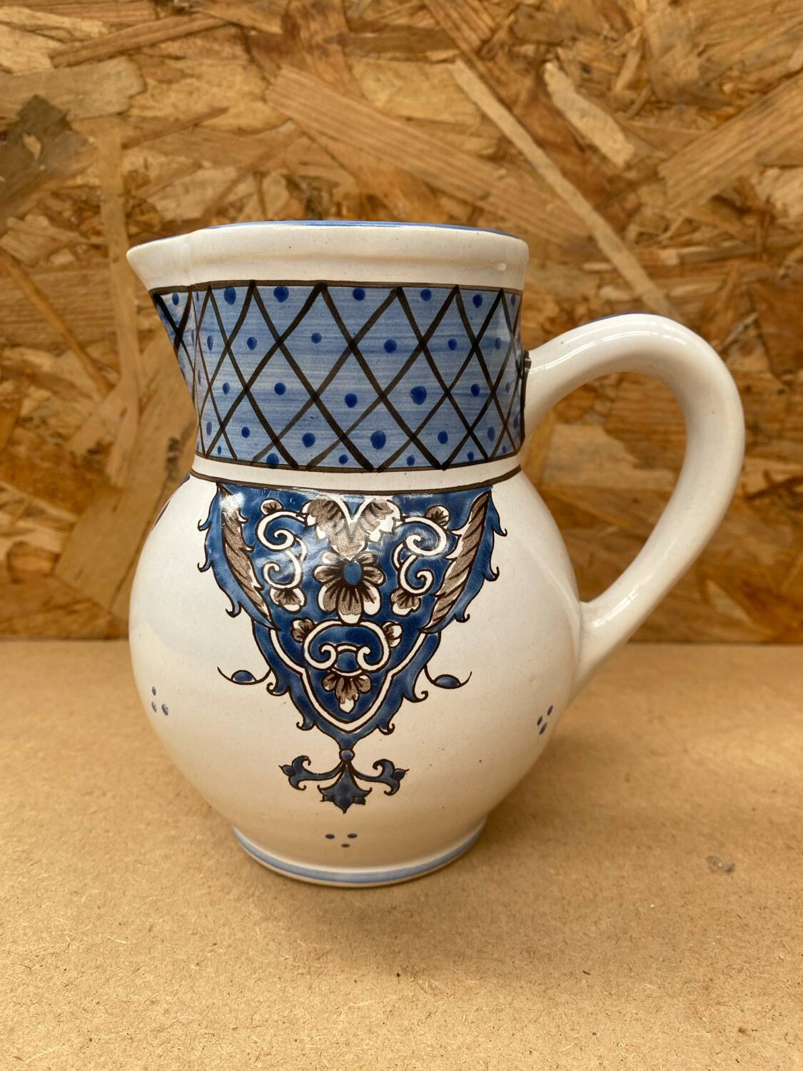Antique Nevers Style Pitcher White Ceramic Blue Painted Decor Vintage #B630