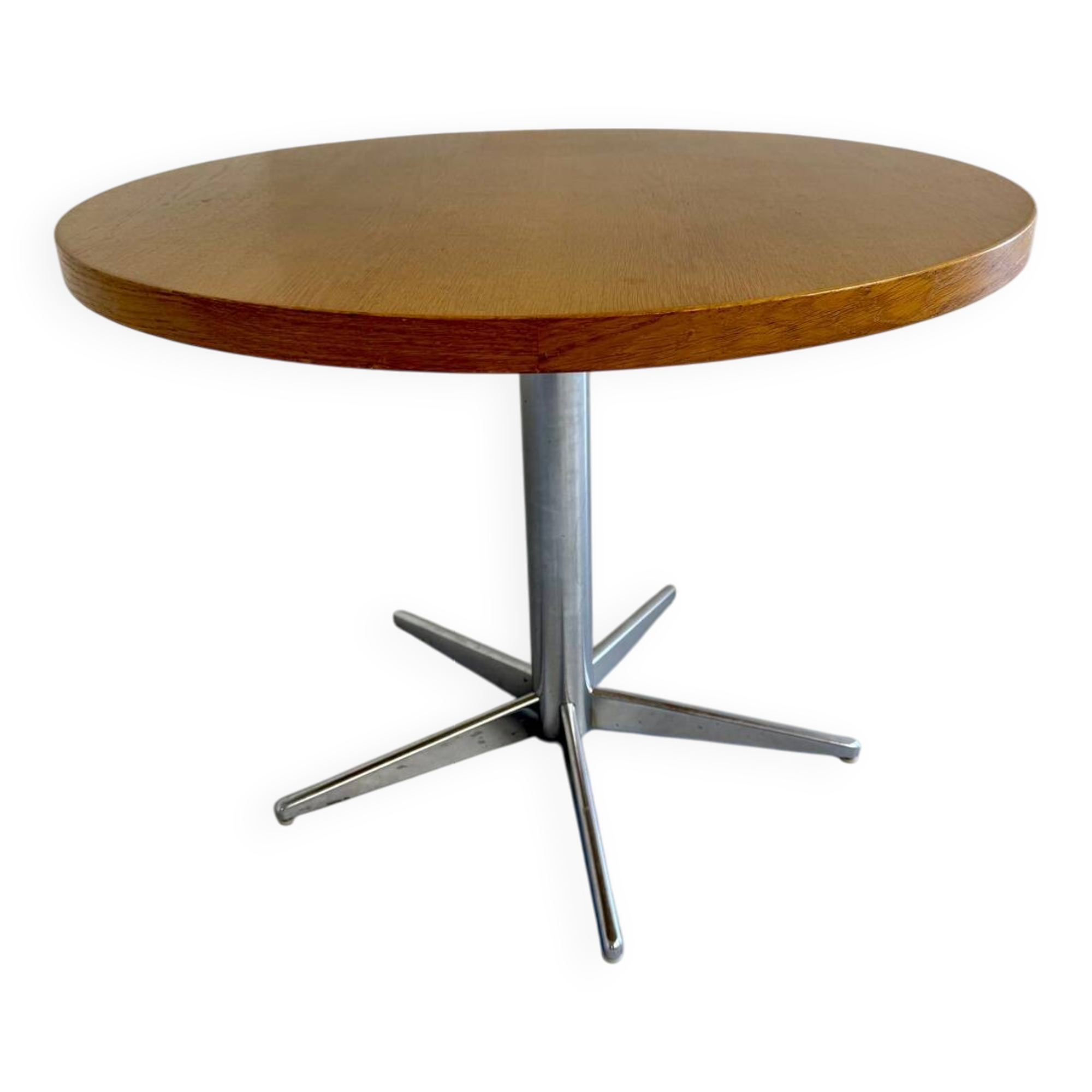 Old round table in solid wood and metal, vintage 70s design