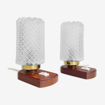 Pair of bedside lamps with wooden base