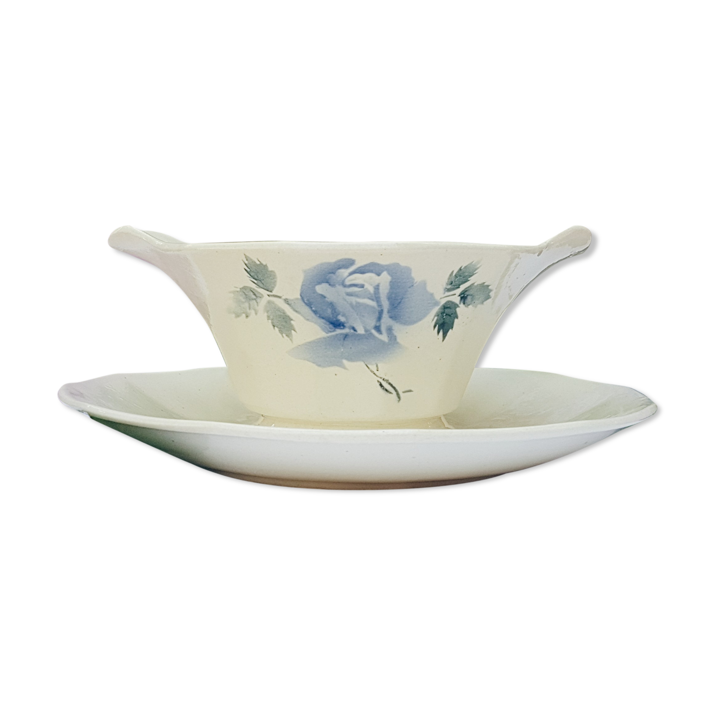 Saucière Digoin Sarreguemines blue Rose porcelain pattern "Cannes"