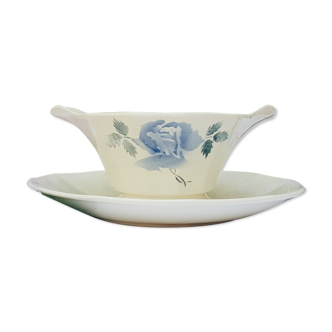Saucière Digoin Sarreguemines blue Rose porcelain pattern "Cannes"