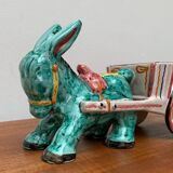 Vintage Italian hand-painted sculpture of a donkey with a cart in the shape of a bowl from Deruta, Italy.