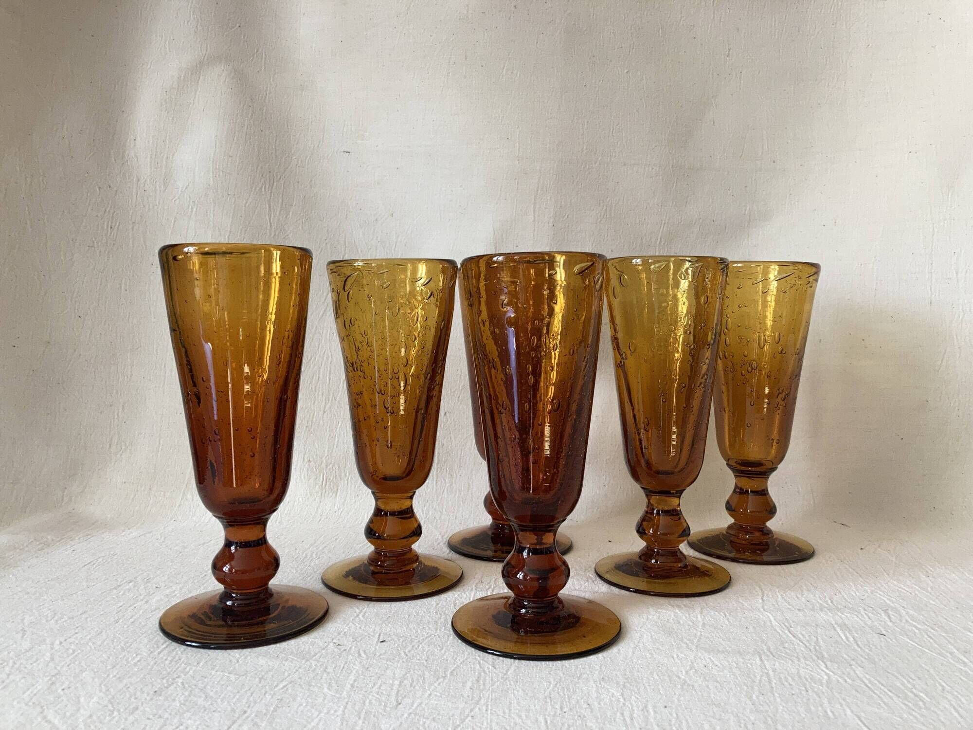 Handblown Glasses, set of 6 Amber Champagne Glasses, designer Iconic Drinkware