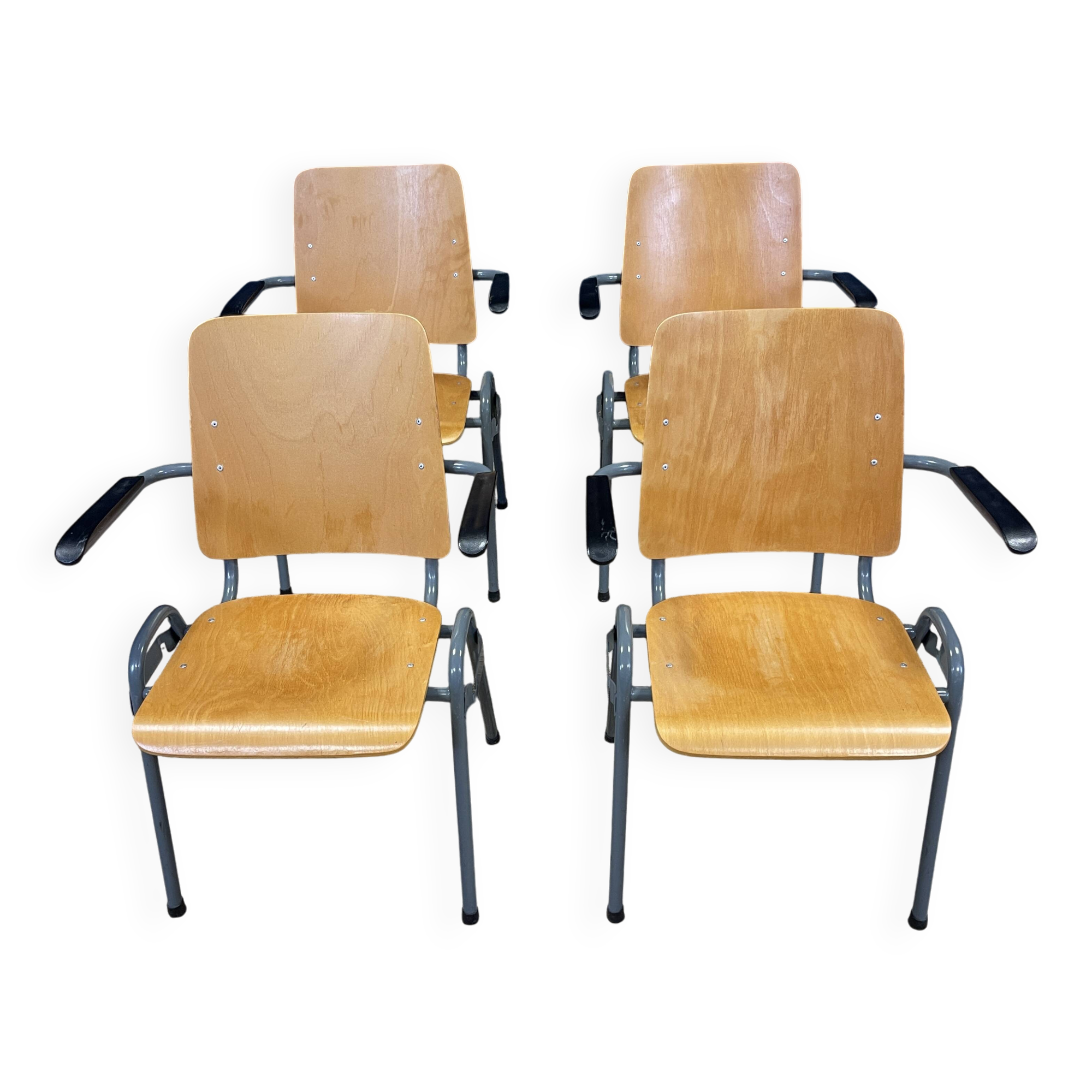 Set of 4 school armchairs with high wooden backs and anthracite grey legs, Netherlands