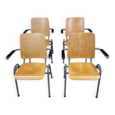 Lot de 4 fauteuils d'école dossier haut bois pieds gris anthracite Pays-Bas
