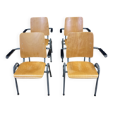 Set of 4 school armchairs with high wooden backs and anthracite grey legs, Netherlands