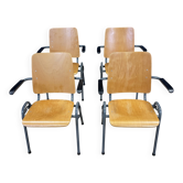 Set of 4 school armchairs with high wooden backs and anthracite grey legs, Netherlands