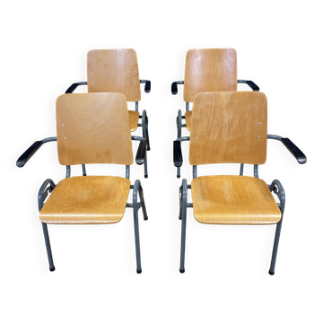 Set of 4 school armchairs with high wooden backs and anthracite grey legs, Netherlands
