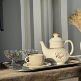 Set of 4 vintage speckled beige stoneware coffee cups.