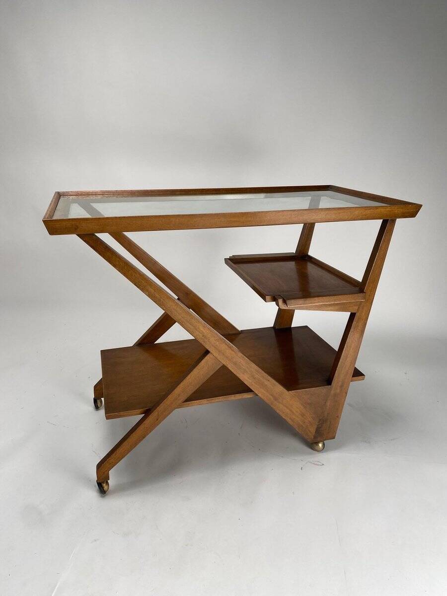 Chariot de bar en bois dans le goût de Charlotte Perriand, Italie années 1950