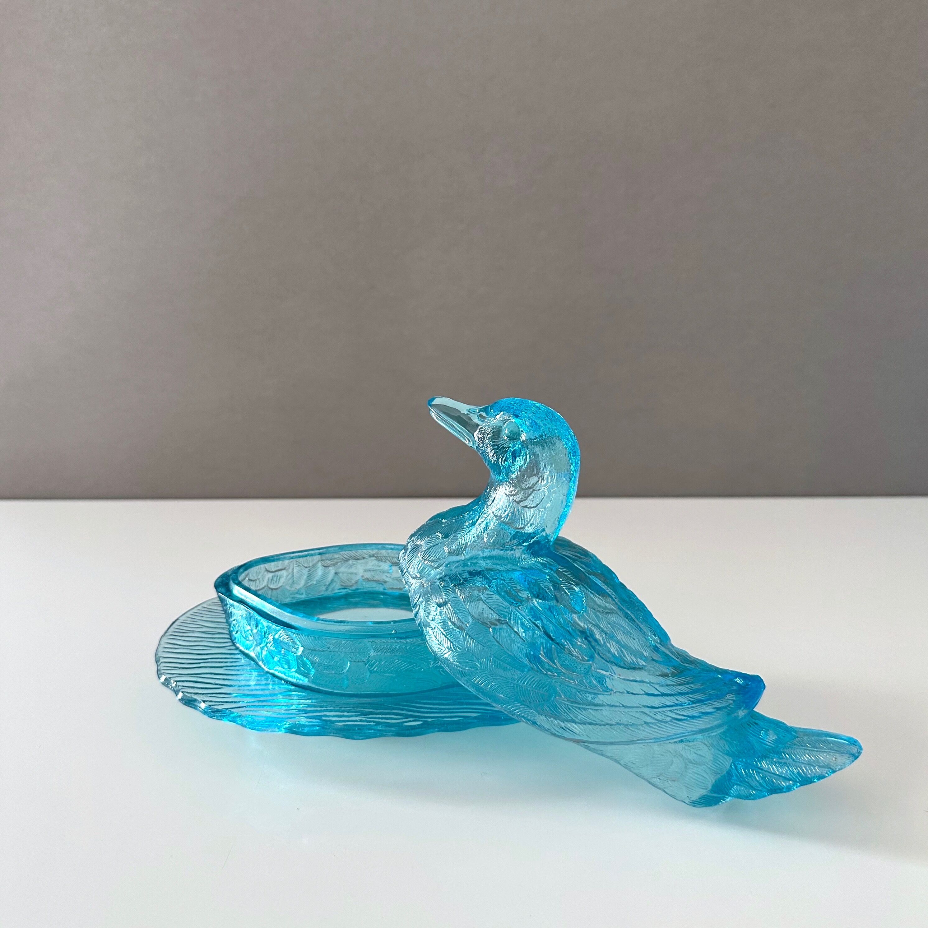 Art Deco glass duck, pressed glass turquoise, butter dish