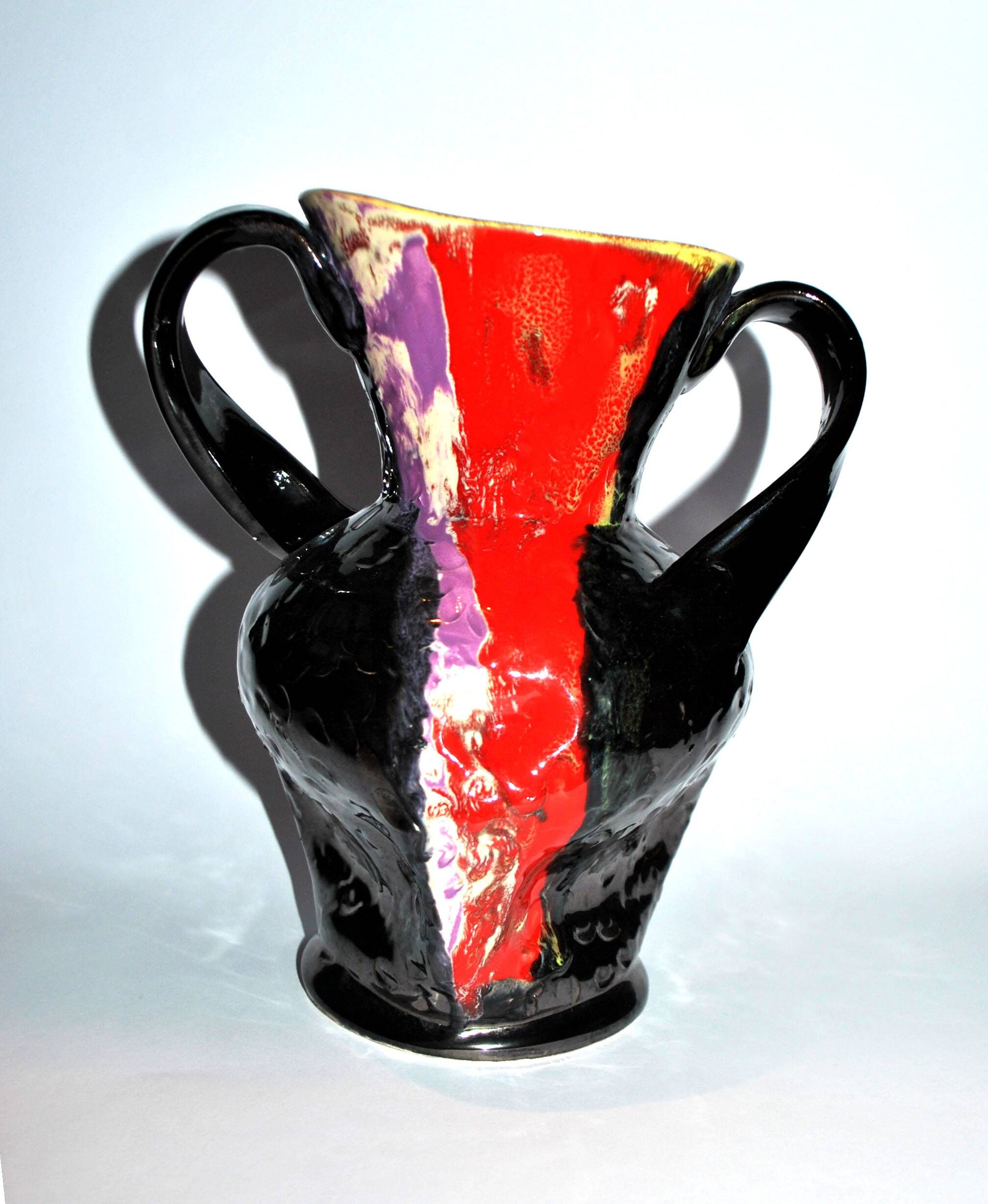 VALLAURIS ceramics Black and red enamelled vase with handle VINTAGE 1950-1960