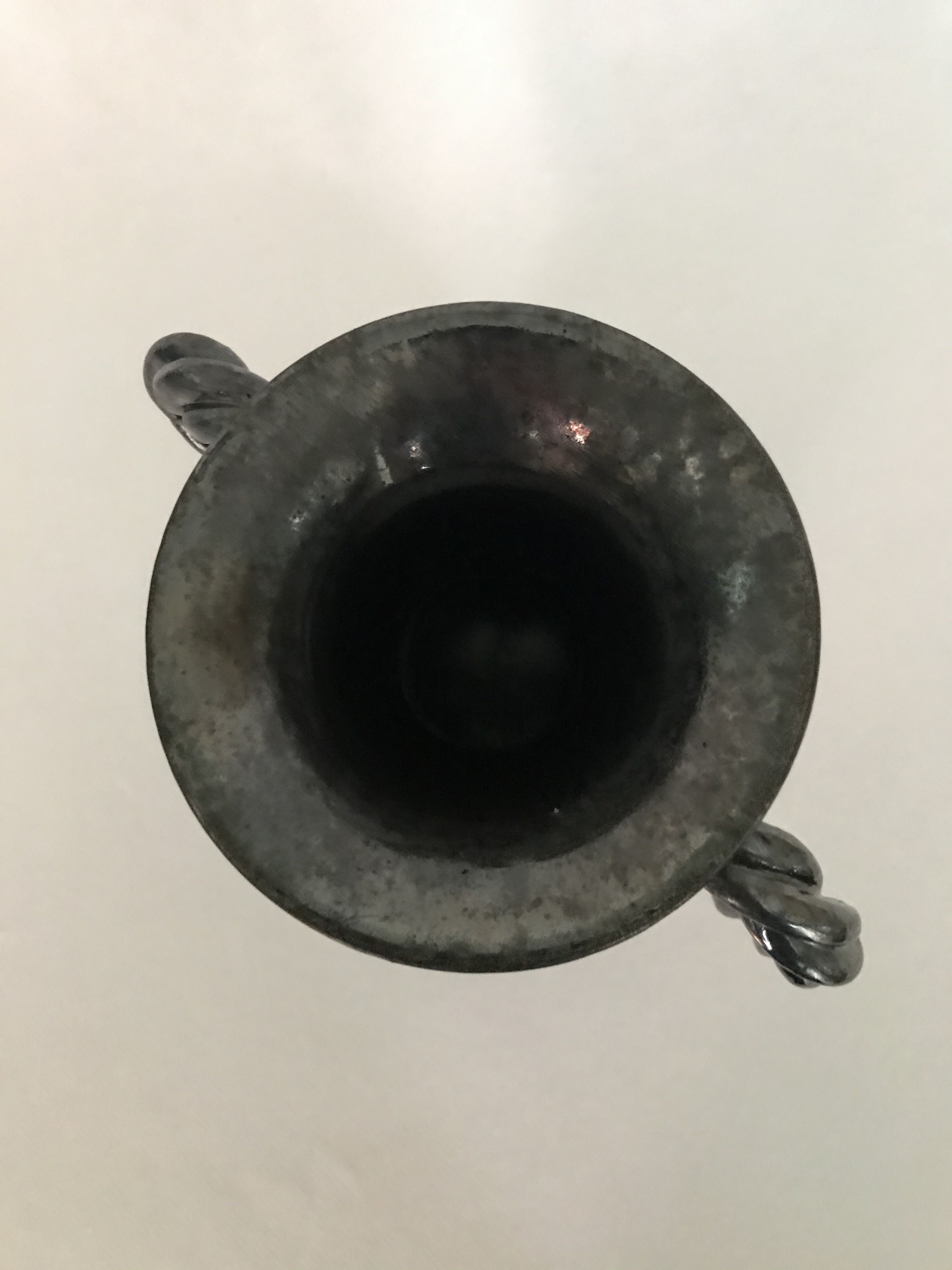 Black vase with twisted handles signed Blaise Rubino in Vallauris, circa 1950/1960