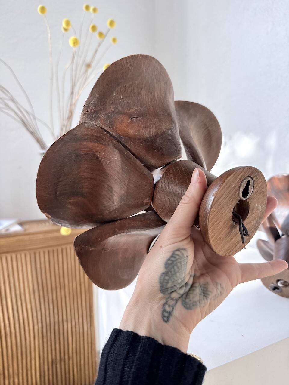 Pair of wooden flower wall lights from the 1970s.