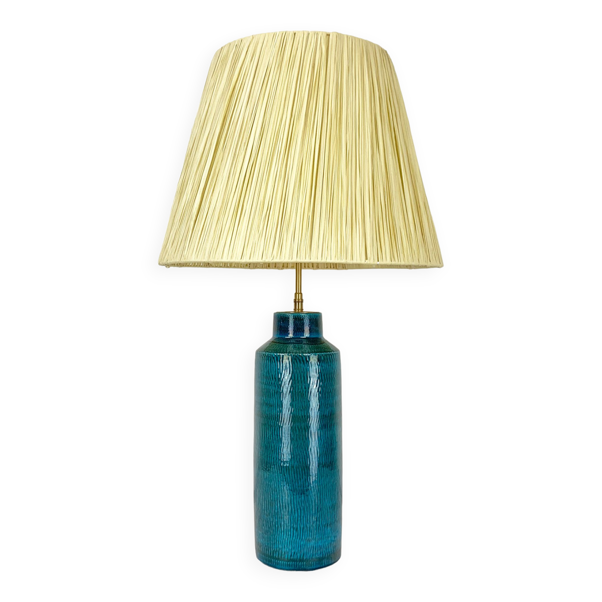 Scandinavian table lamp in porcelain stoneware lampshade raffia, Nymølle pottery, Denmark 1960s