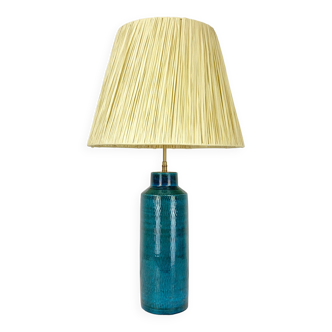 Scandinavian table lamp in porcelain stoneware lampshade raffia, Nymølle pottery, Denmark 1960s