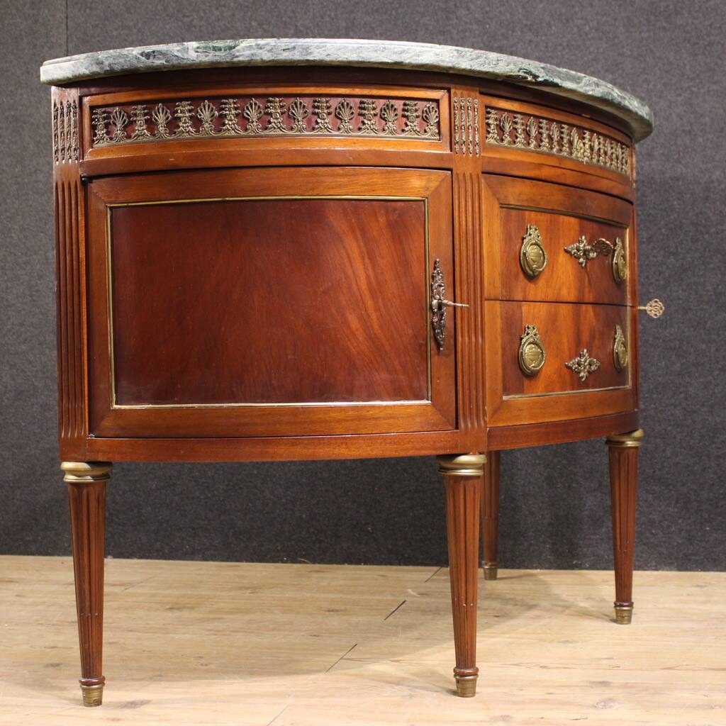 French Louis XVI style half-moon commode with marble top