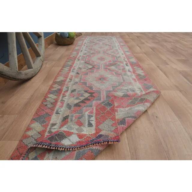 1970s Vintage Turkish Handmade Wool & Cotton Pink Runner Rug
