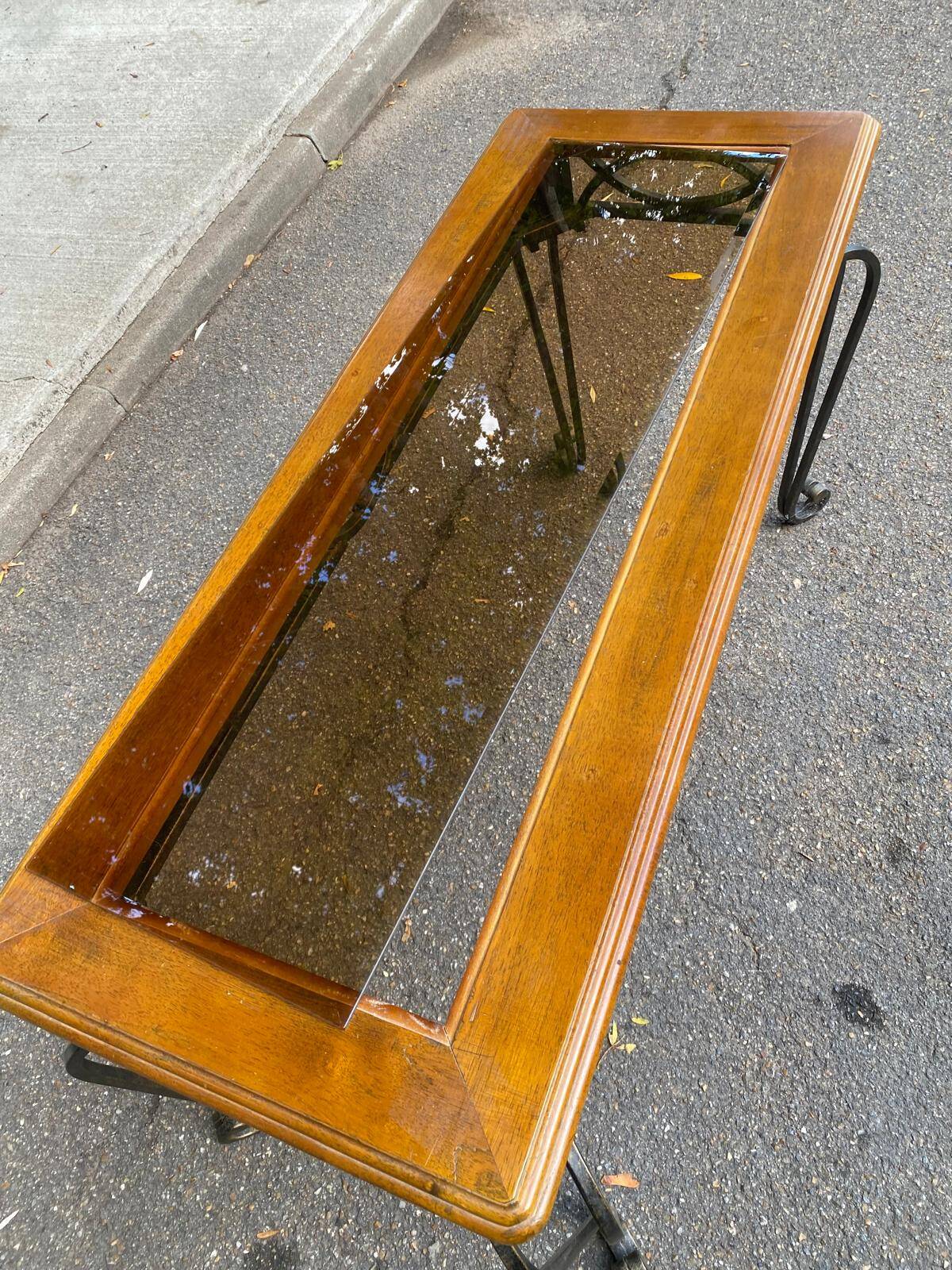Neo-classical entrance console in wrought iron and solid oak H70 cm 1970