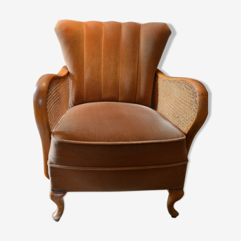 Fauteuil cocktail  velours et cannage