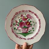 Set of 2 plates XIXth Les Islettes, rooster decoration and flowery basket