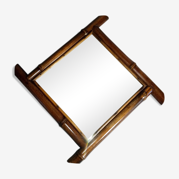 Old bamboo mirror mercury bevelled glass 30x30cm