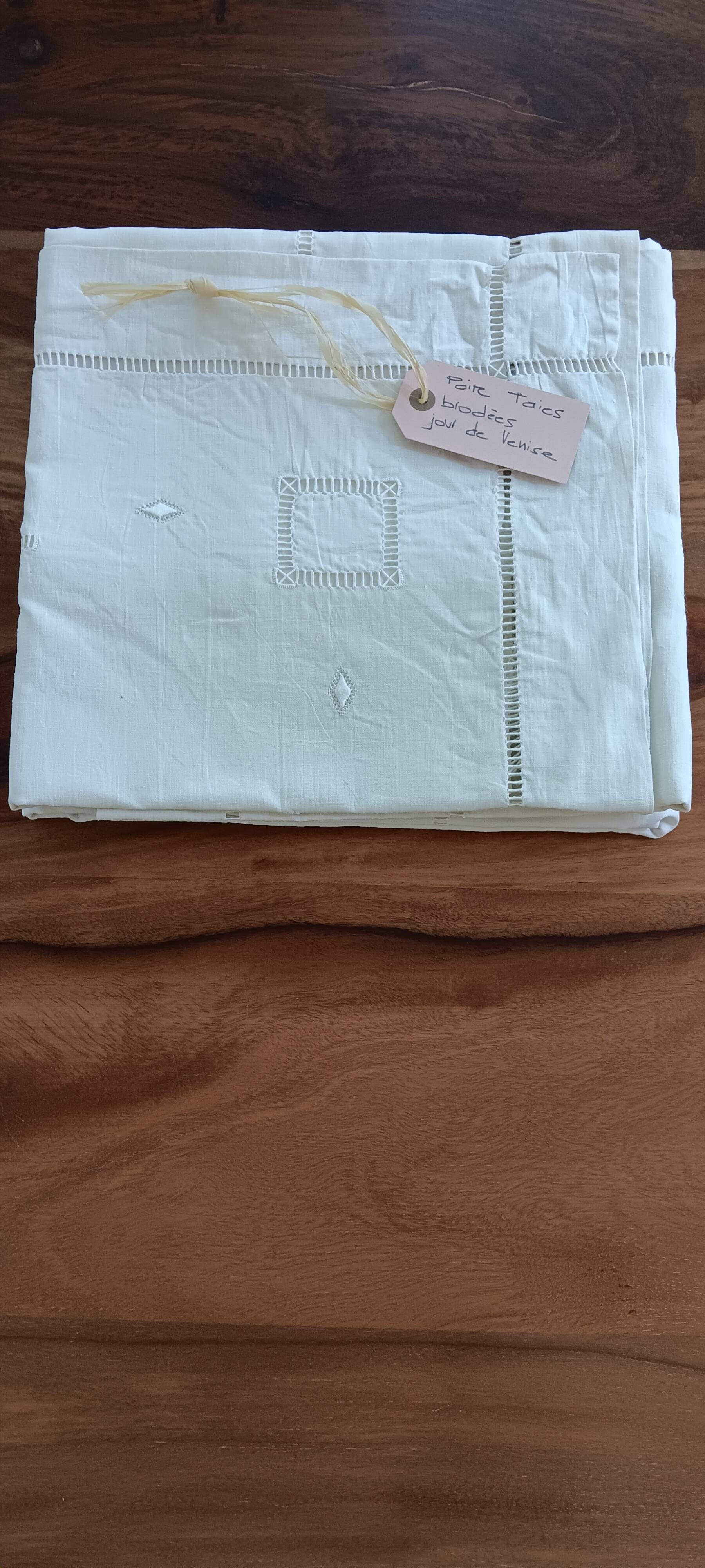 Large vintage white linen embroidered pillowcases (set of 2)