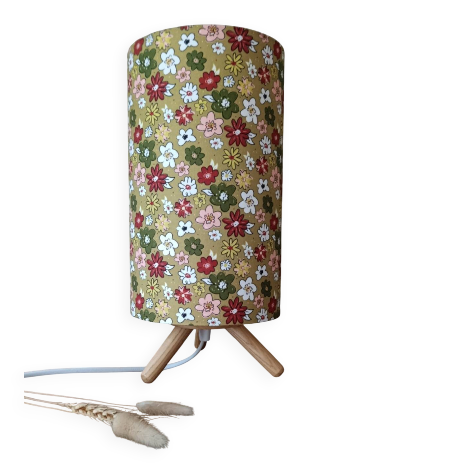 lampe à poser tripode bois imprimé fleurs | boho scandi