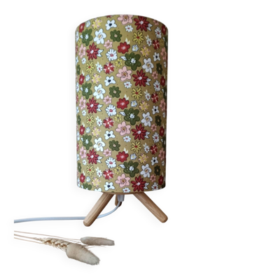 lampe à poser tripode bois imprimé fleurs   boho scandi