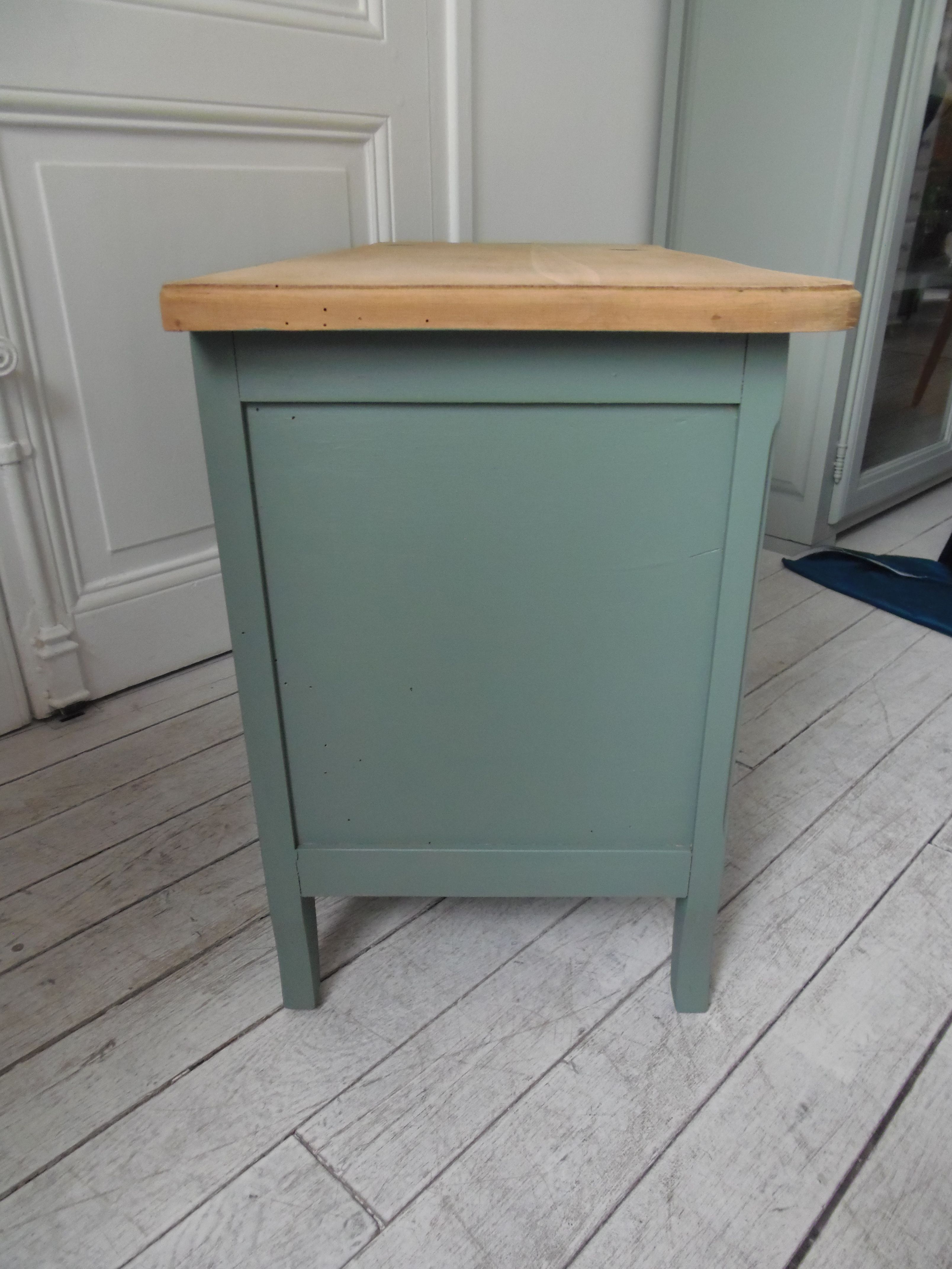 Vintage toy chest green of gray waxed finish, waxed top medium oak.