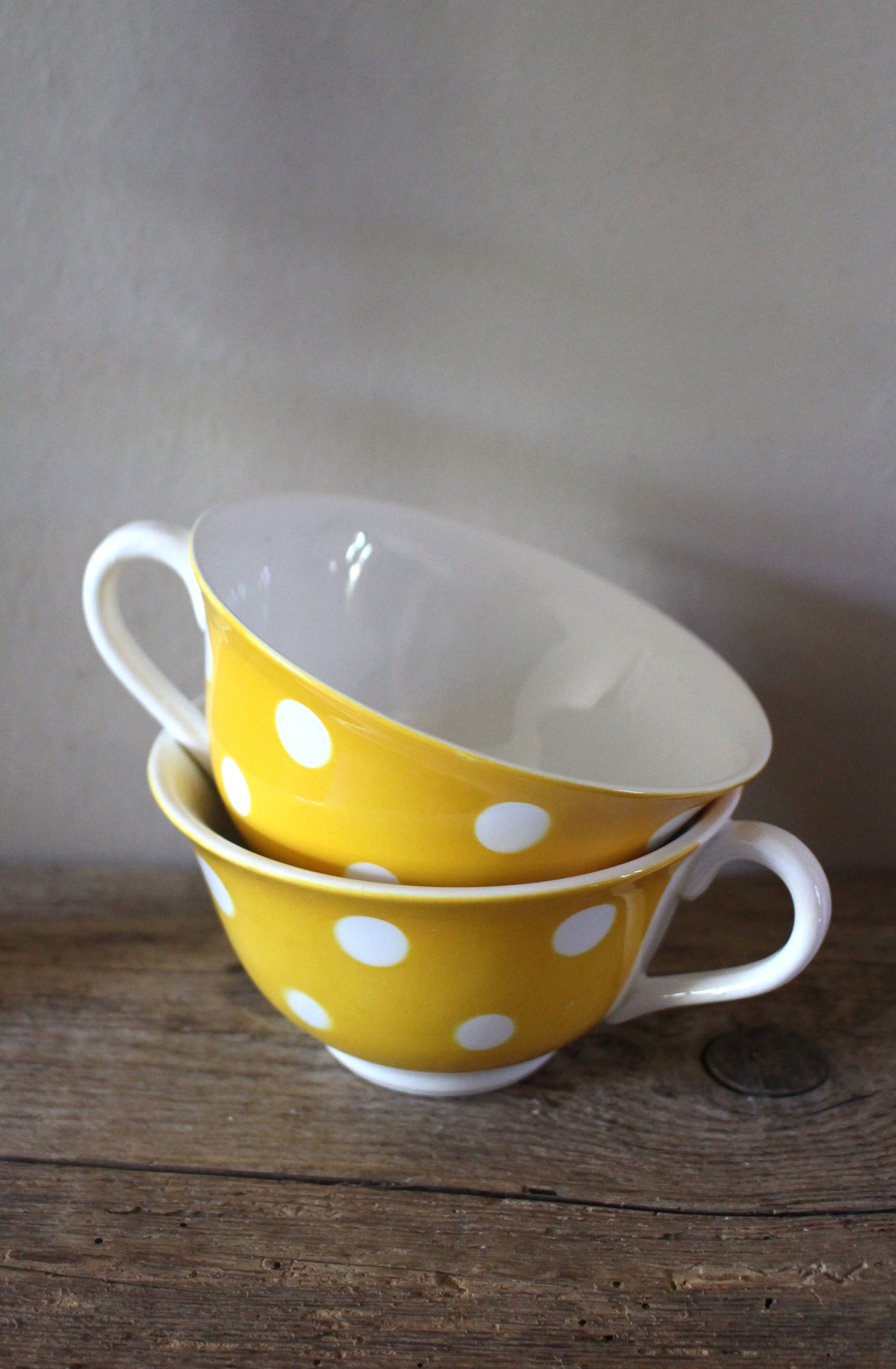 Two Large Yellow Polka Dot Cups Sarreguemines Vintage
