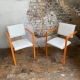 Pair of postmodern orange armchairs and bouclé wool fabric