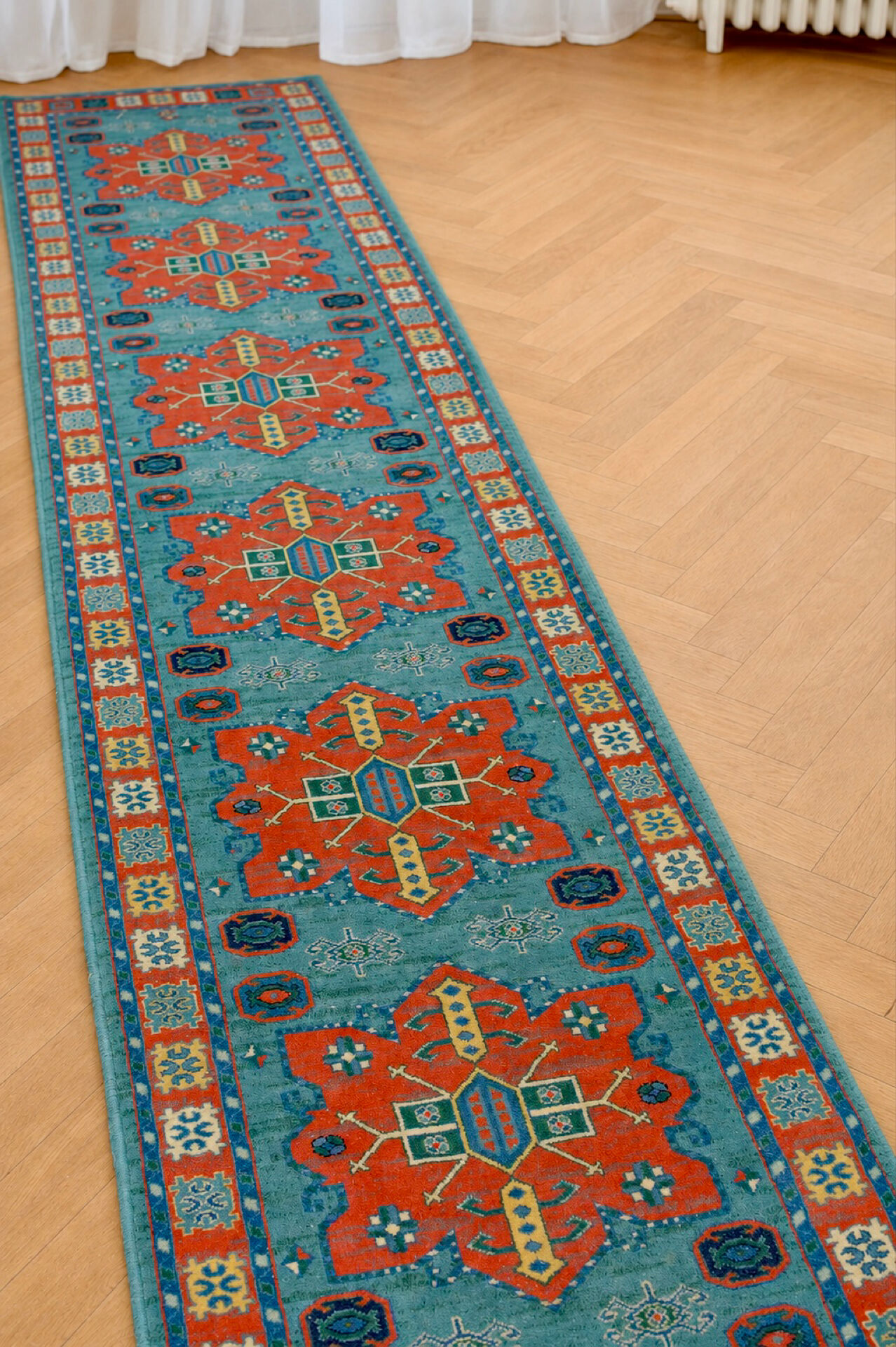 Vintage Spanish hallway rug in wool, 70 × 350 cm