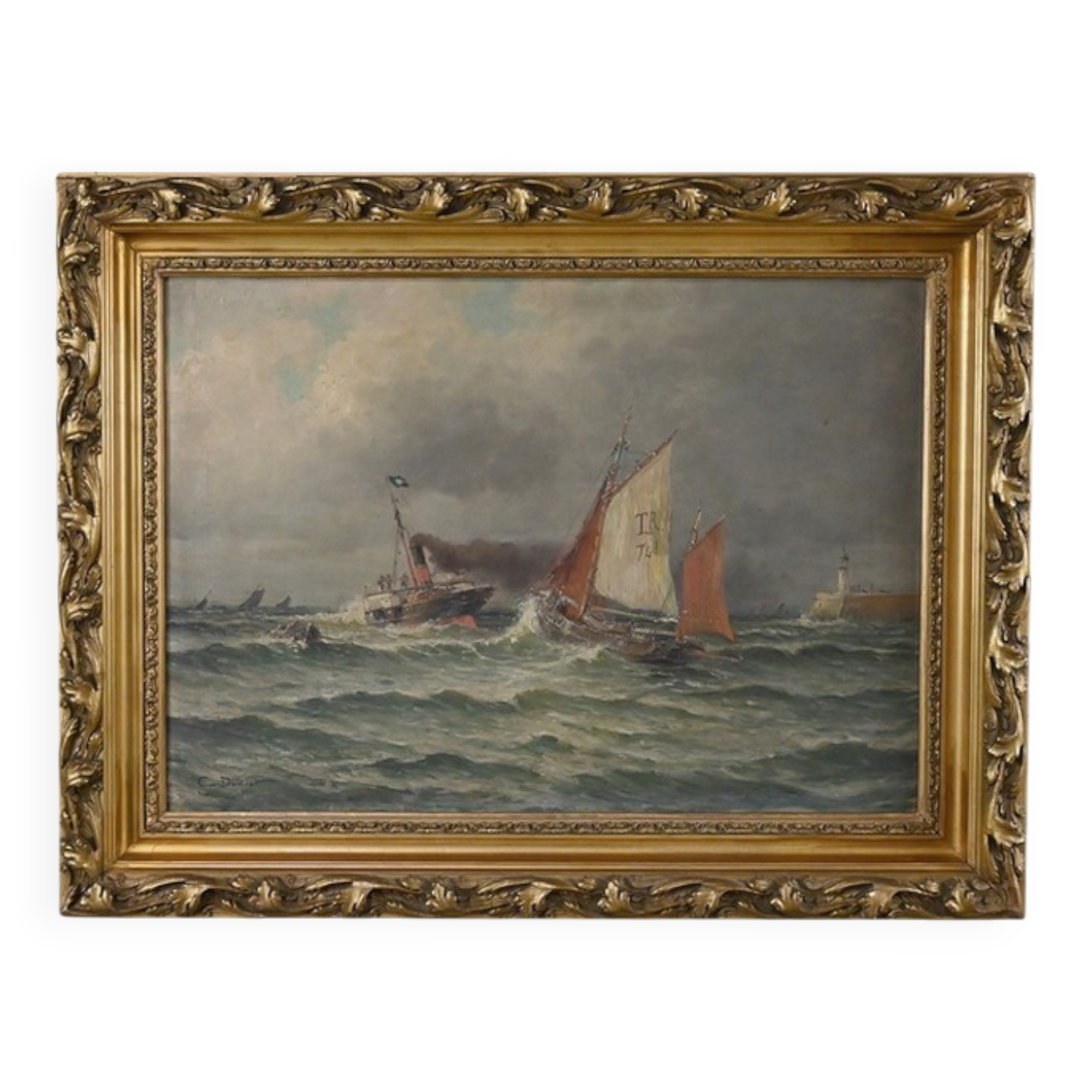 Painting "Entry to the Port in Rough Seas", oil on canvas, signed C. Demont – early 20th century