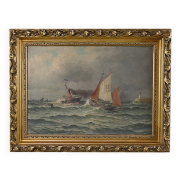 Tableau « Entrée du port par mer agitée », huile sur toile, signé C. Demont – début XXe