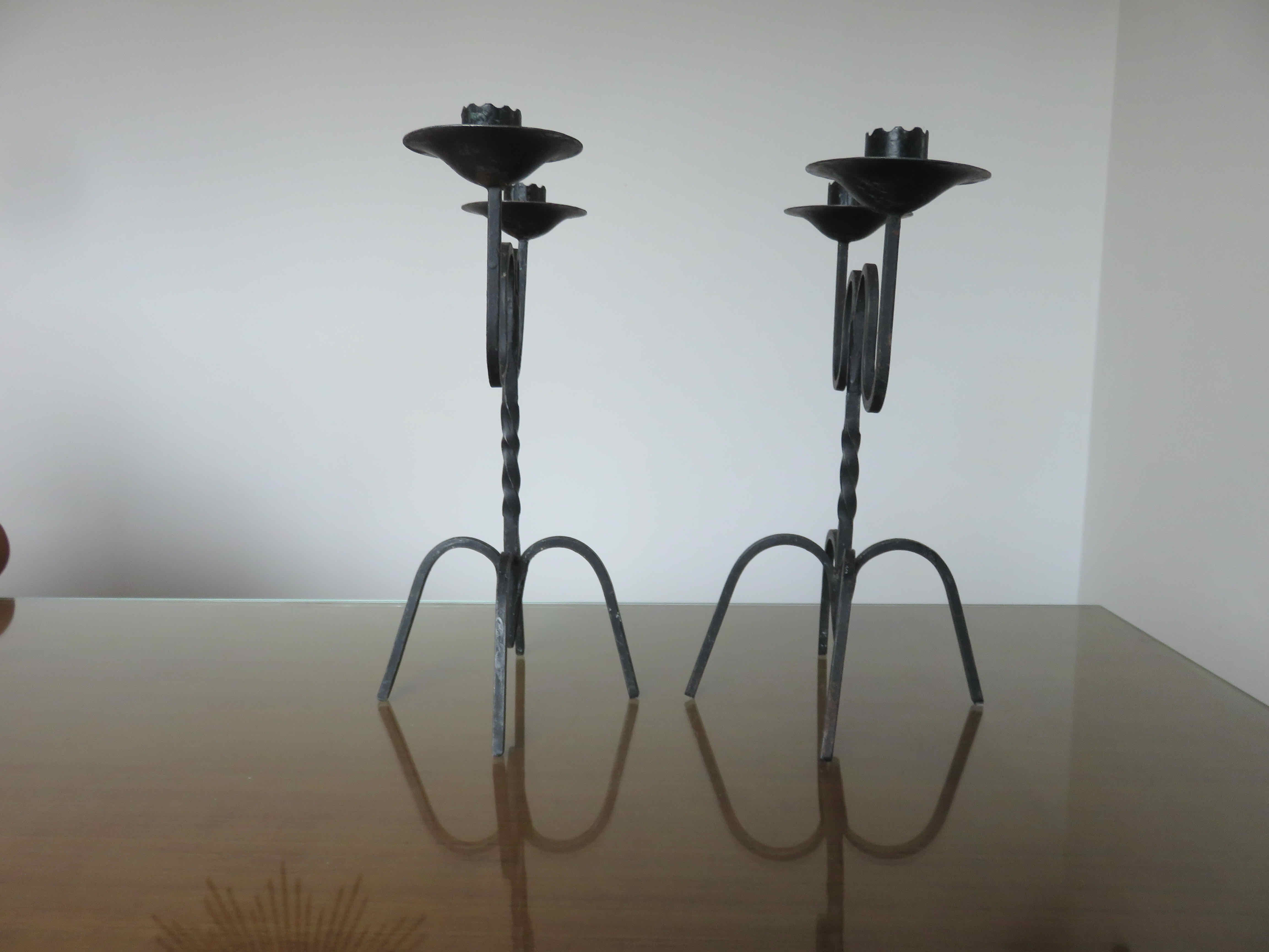 Pair of black wrought iron brutalist candlesticks 50s 60s