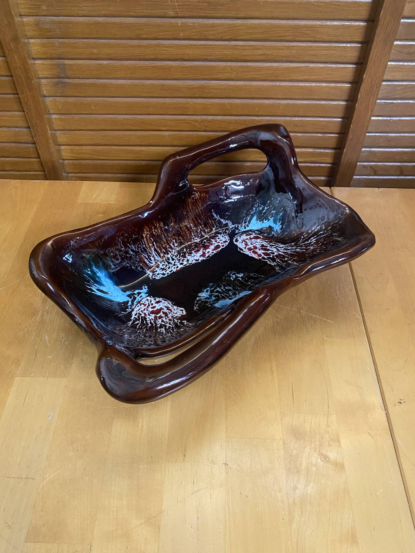 Coupe Centre De Table VALLAURIS Céramique Marron & Bleu Vintage #E172