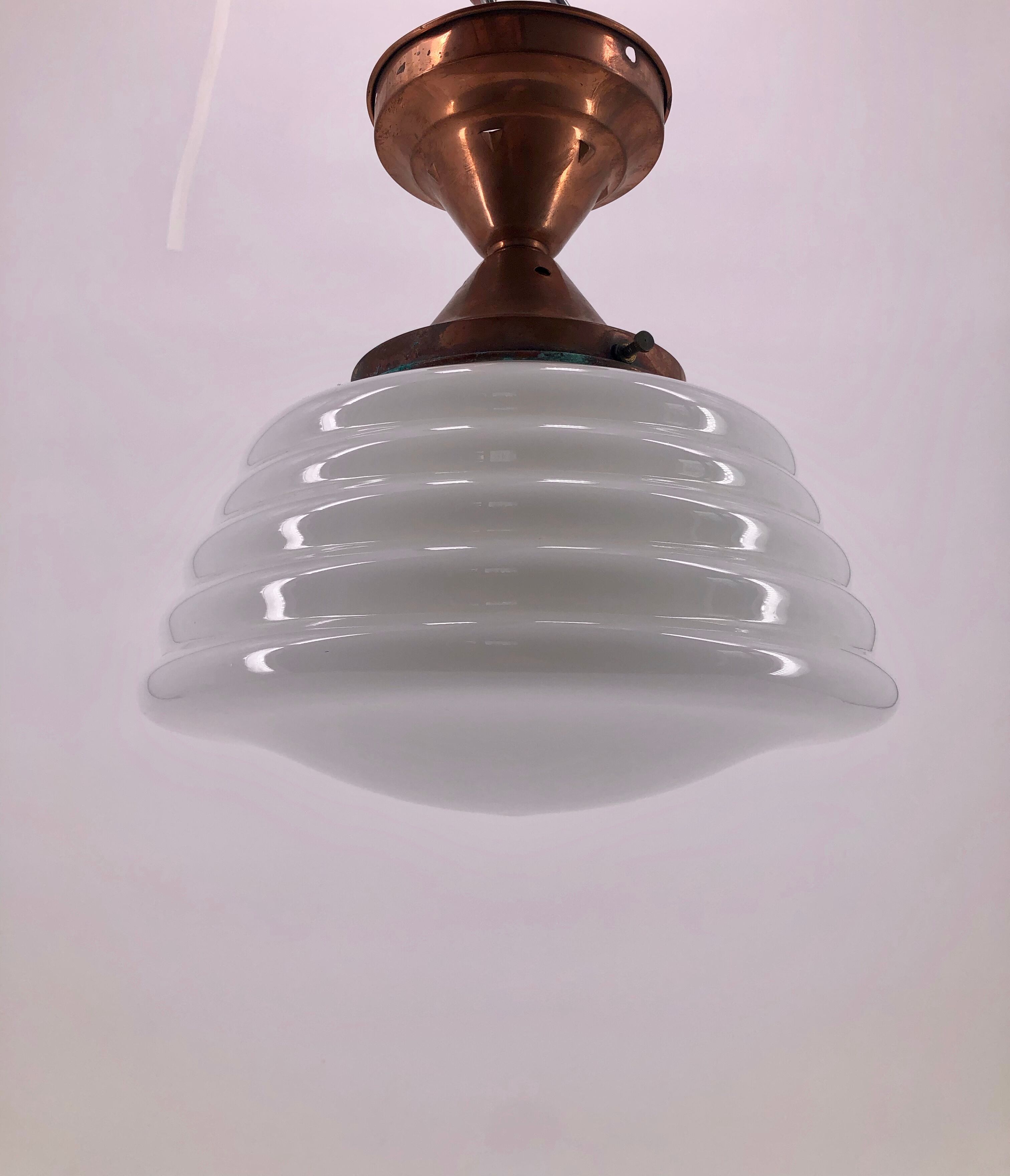 Ceiling lamp with opaline and art deco red copper mount