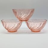 3 vintage pink glass bowls, rosaline arcoroc france