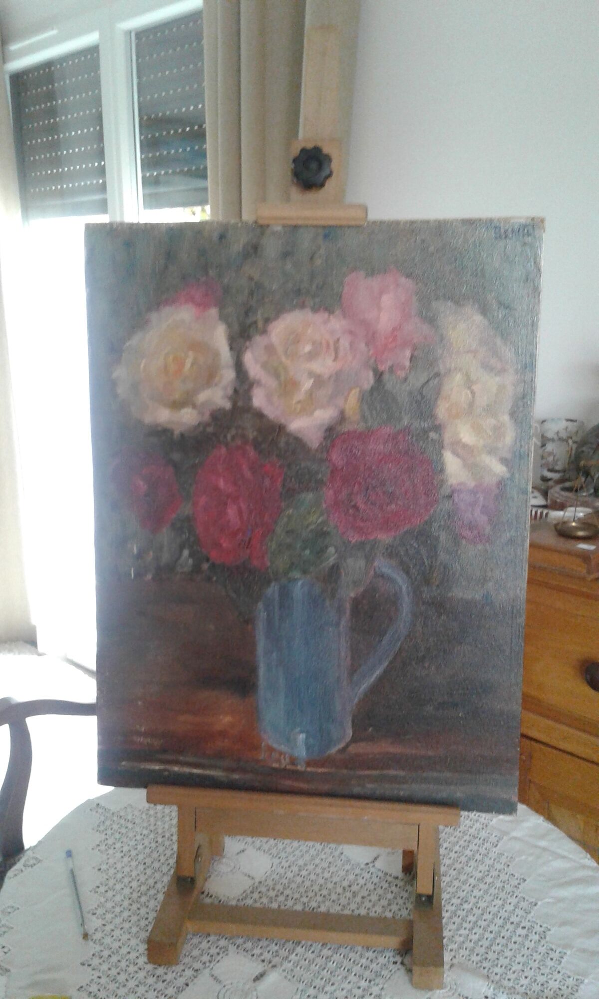 old painting, still life with bouquet of multiple-colored flowers. circa 50