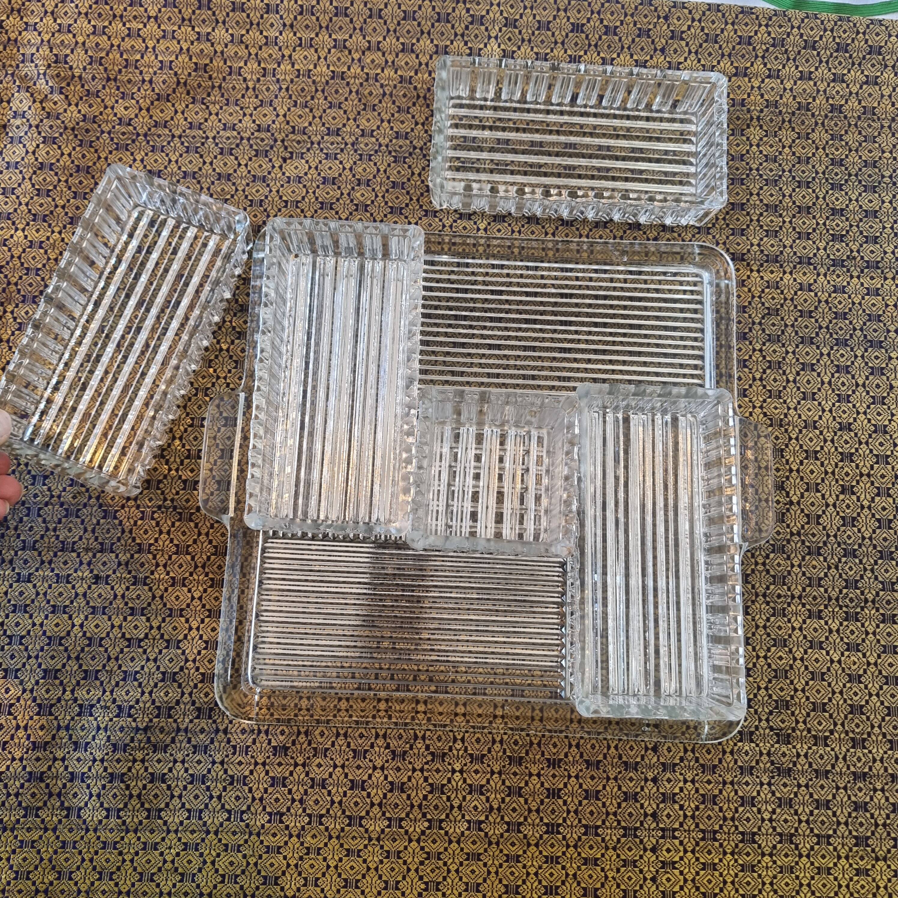 Large 6-piece aperitif tray in French molded rock crystal from the 50s and 60s