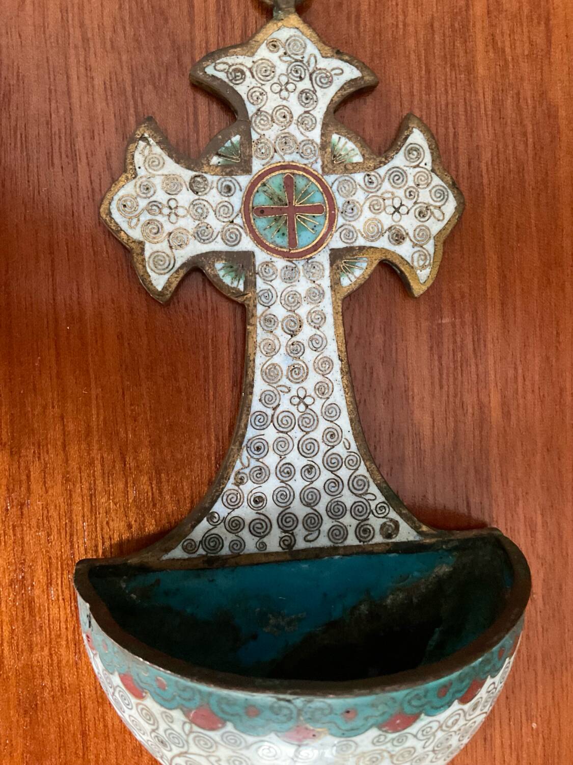 Ancient bronze and cloisonné enamel holy water font