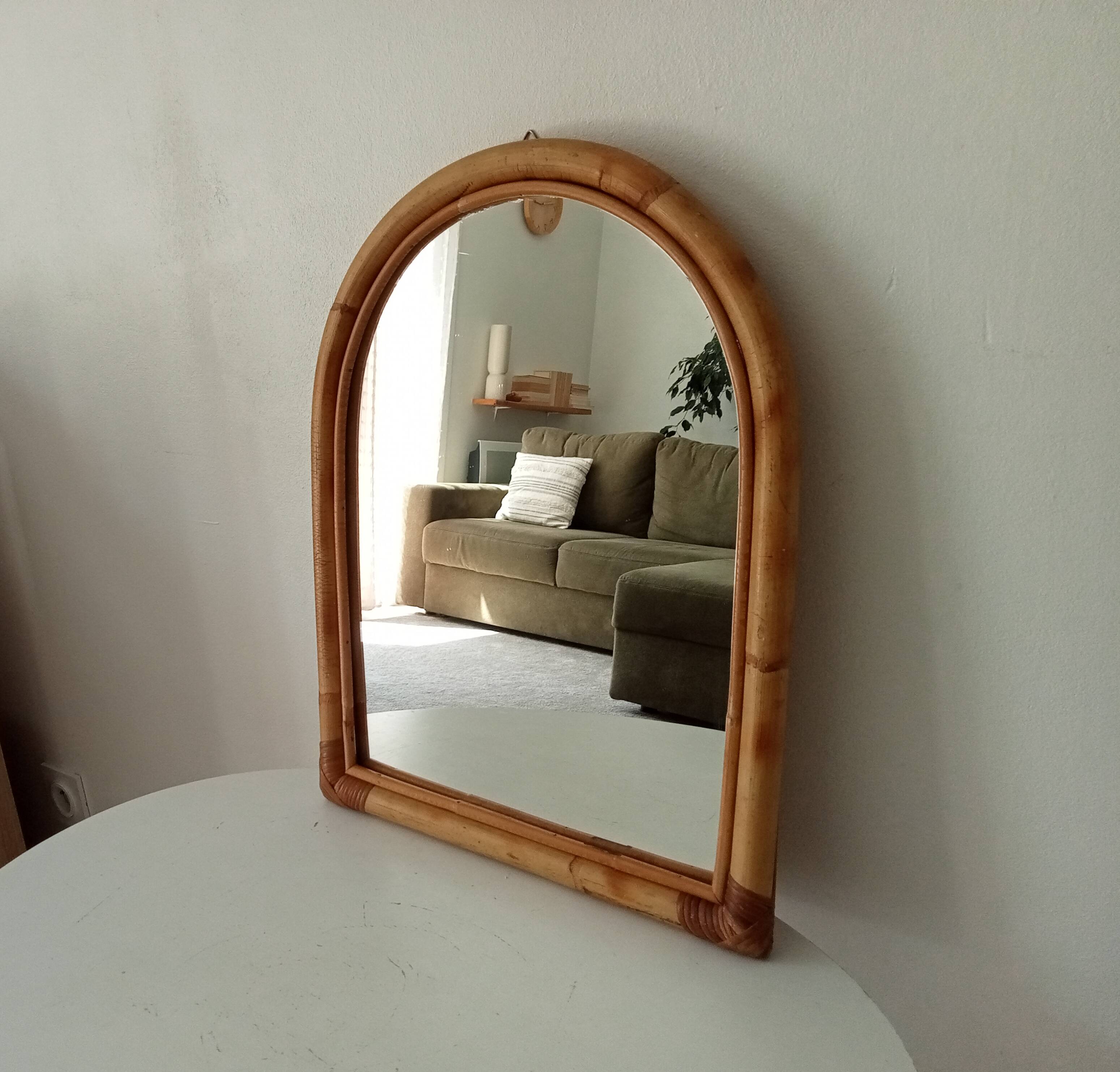 Vintage bohemian arch mirror in bamboo and rattan