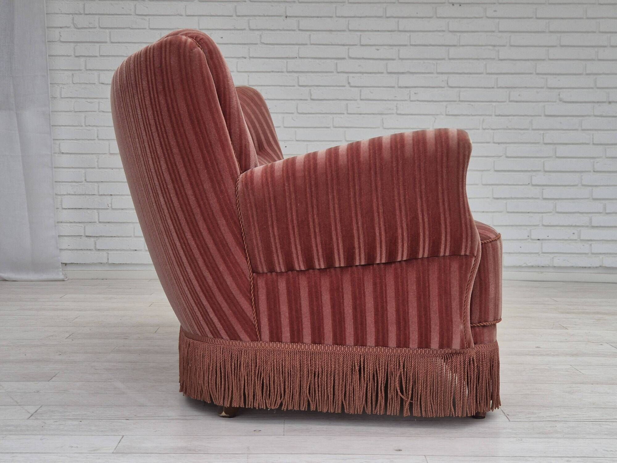 1960s, Danish 3-seater curved sofa, pink-salmon furniture velour, original.