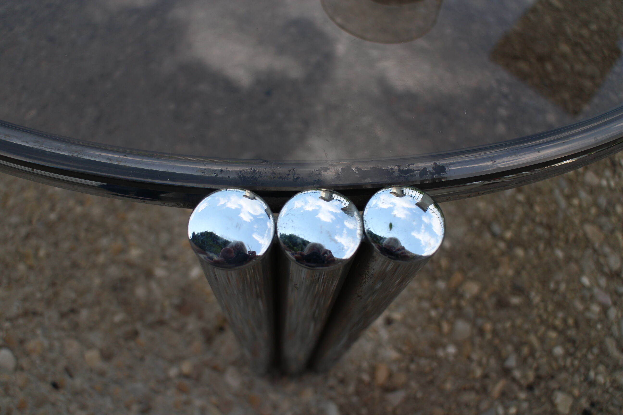 Round coffee table chrome and smoked glass 1970