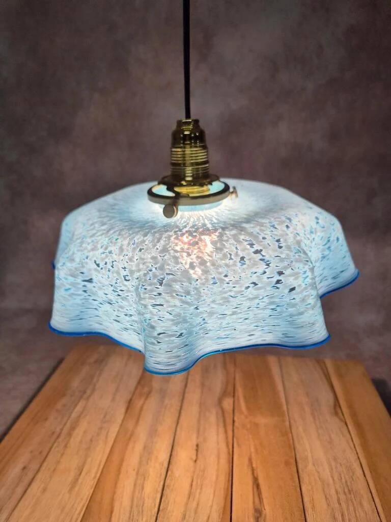 Vintage blue and white speckled glass lampshade – Wavy edge – Antique