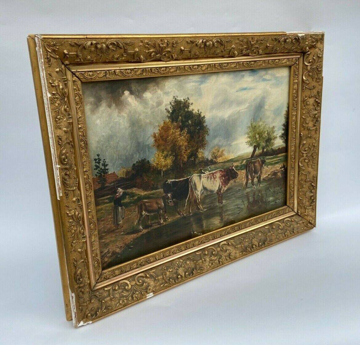 Oil by Lhopin or Hopin signature to identify woman cows Barbizon late 19th century