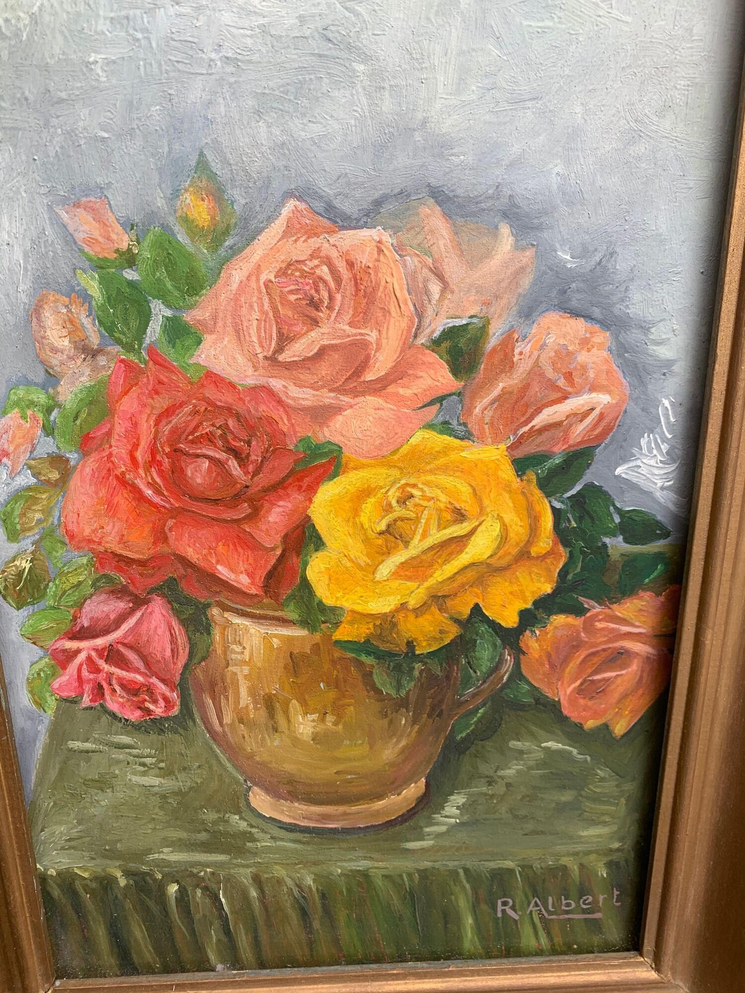 Painting on framed wood panel the bouquet of roses signed and vintage