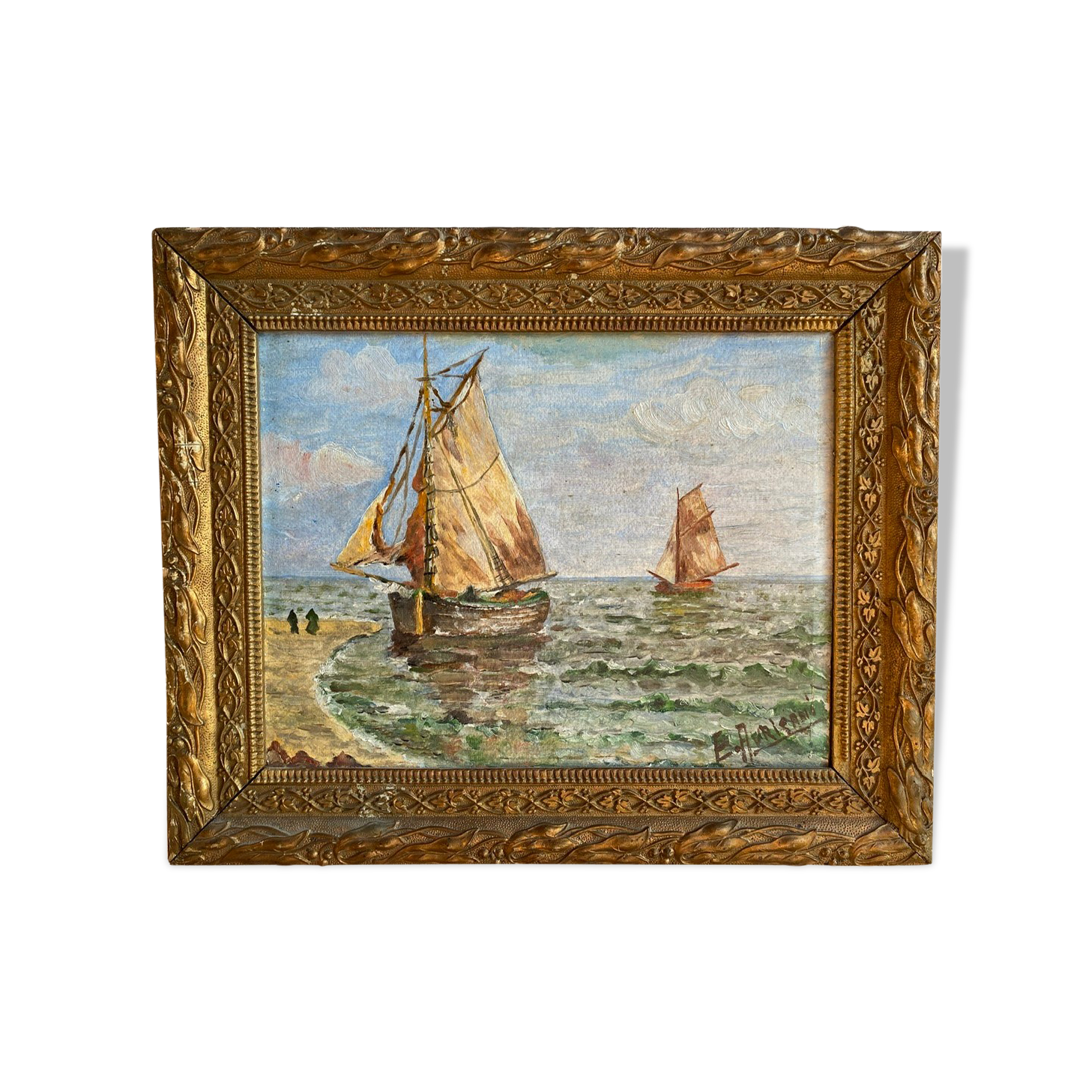 Ancient painting, Marine, signed 20th century